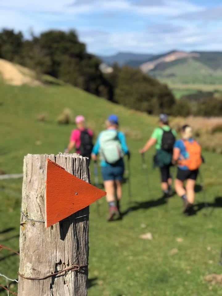 Orange Whareama route marker with walkers continuing across farmland